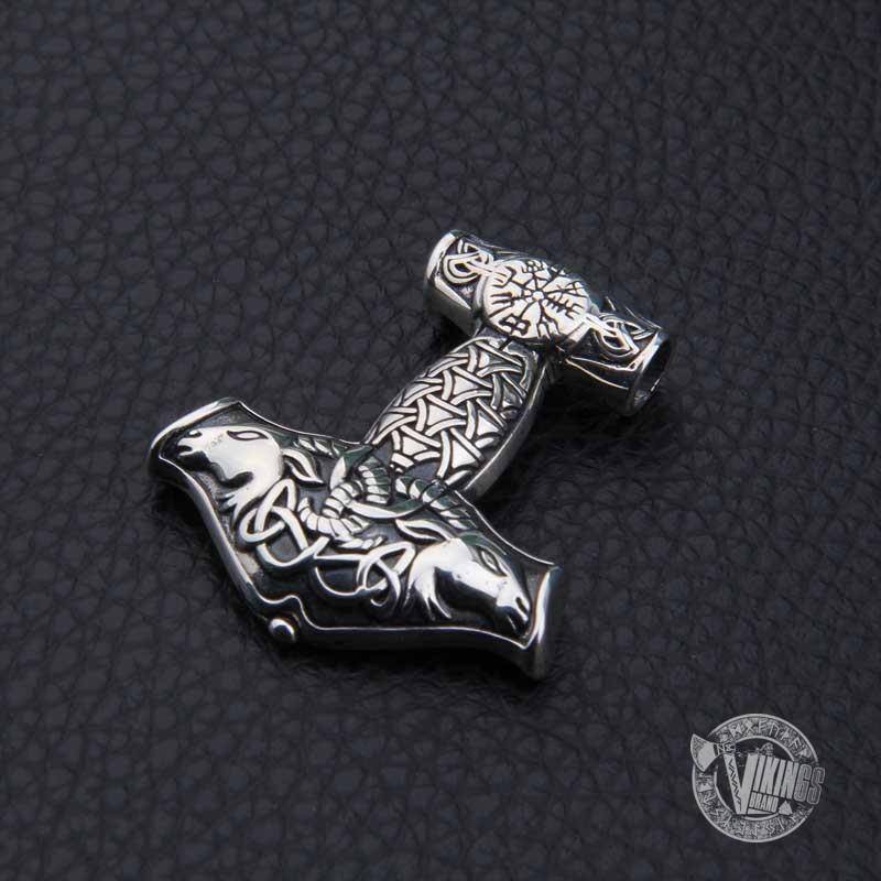 925 Sterling Silver Thor Mjolnir with Vegvisir and Goat Heads - VikingsBrand