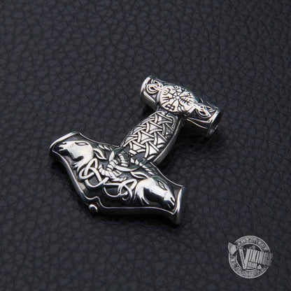 925 Sterling Silver Thor Mjolnir with Vegvisir and Goat Heads - VikingsBrand