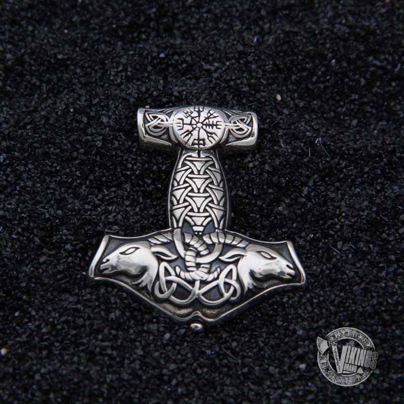 925 Sterling Silver Thor Mjolnir with Vegvisir and Goat Heads - VikingsBrand