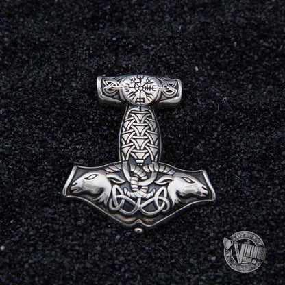 925 Sterling Silver Thor Mjolnir with Vegvisir and Goat Heads - VikingsBrand