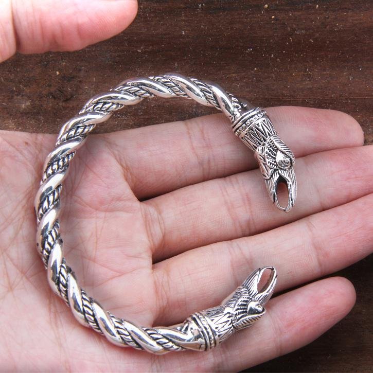 925 Sterling Silver Twisted Wire Raven Huginn & Munnin Viking Bangle Bracelet Arm Ring - VikingsBrand