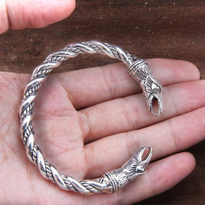 925 Sterling Silver Twisted Wire Raven Huginn & Munnin Viking Bangle Bracelet Arm Ring - VikingsBrand