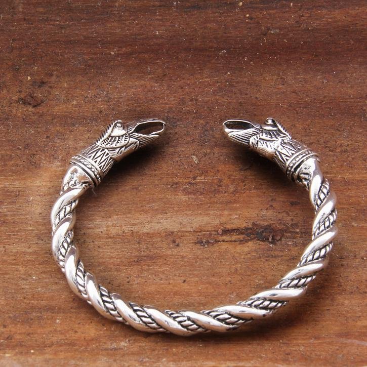 925 Sterling Silver Twisted Wire Raven Huginn & Munnin Viking Bangle Bracelet Arm Ring - VikingsBrand