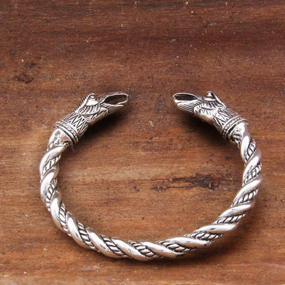 925 Sterling Silver Twisted Wire Raven Huginn & Munnin Viking Bangle Bracelet Arm Ring - VikingsBrand