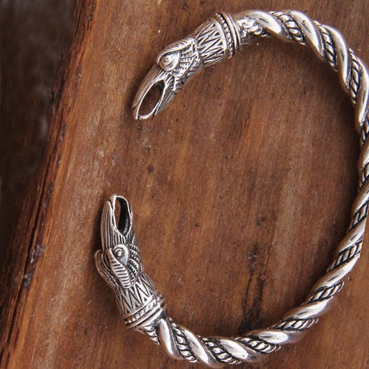 925 Sterling Silver Twisted Wire Raven Huginn & Munnin Viking Bangle Bracelet Arm Ring - VikingsBrand