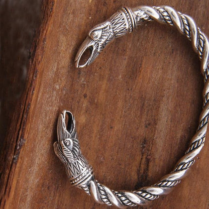 925 Sterling Silver Twisted Wire Raven Huginn & Munnin Viking Bangle Bracelet Arm Ring - VikingsBrand