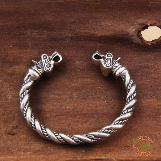 925 Sterling Silver Twisted Wire Wolf Viking Bangle Bracelet Arm Ring - VikingsBrand