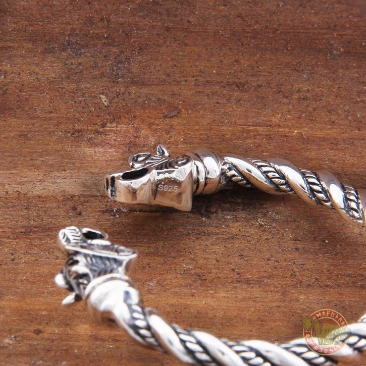 925 Sterling Silver Twisted Wire Wolf Viking Bangle Bracelet Arm Ring - VikingsBrand