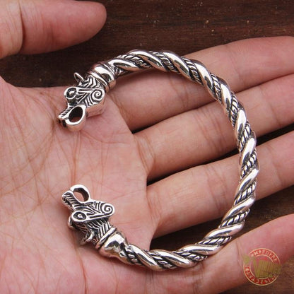 925 Sterling Silver Twisted Wire Wolf Viking Bangle Bracelet Arm Ring - VikingsBrand