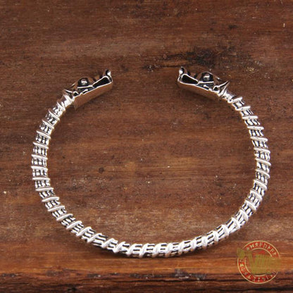 925 Sterling Silver Wolf Heads Viking Bangle Bracelet Arm Ring - VikingsBrand