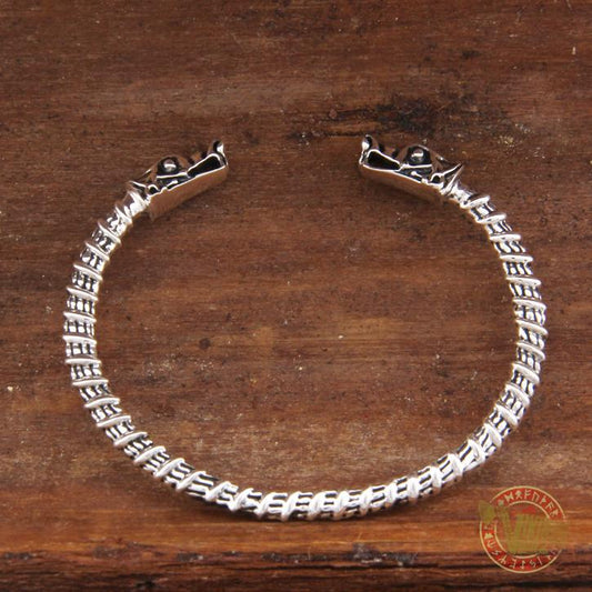 925 Sterling Silver Wolf Heads Viking Bangle Bracelet Arm Ring - VikingsBrand