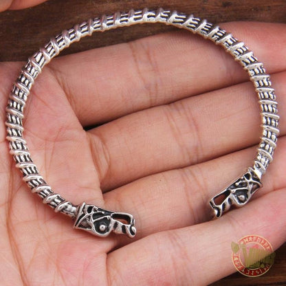 925 Sterling Silver Wolf Heads Viking Bangle Bracelet Arm Ring - VikingsBrand