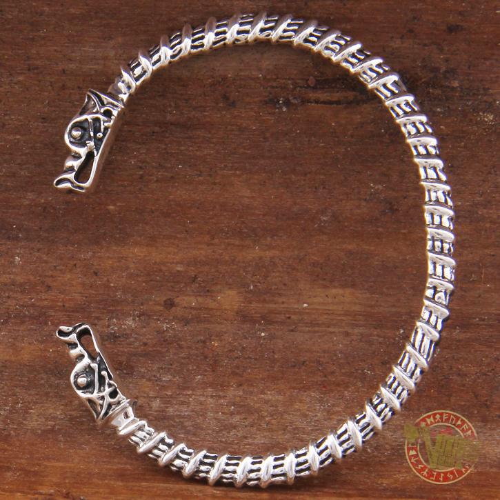 925 Sterling Silver Wolf Heads Viking Bangle Bracelet Arm Ring - VikingsBrand
