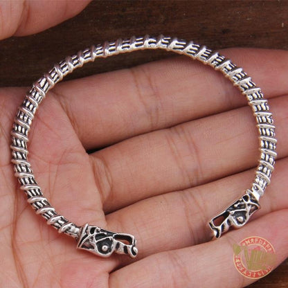 925 Sterling Silver Wolf Heads Viking Bangle Bracelet Arm Ring - VikingsBrand