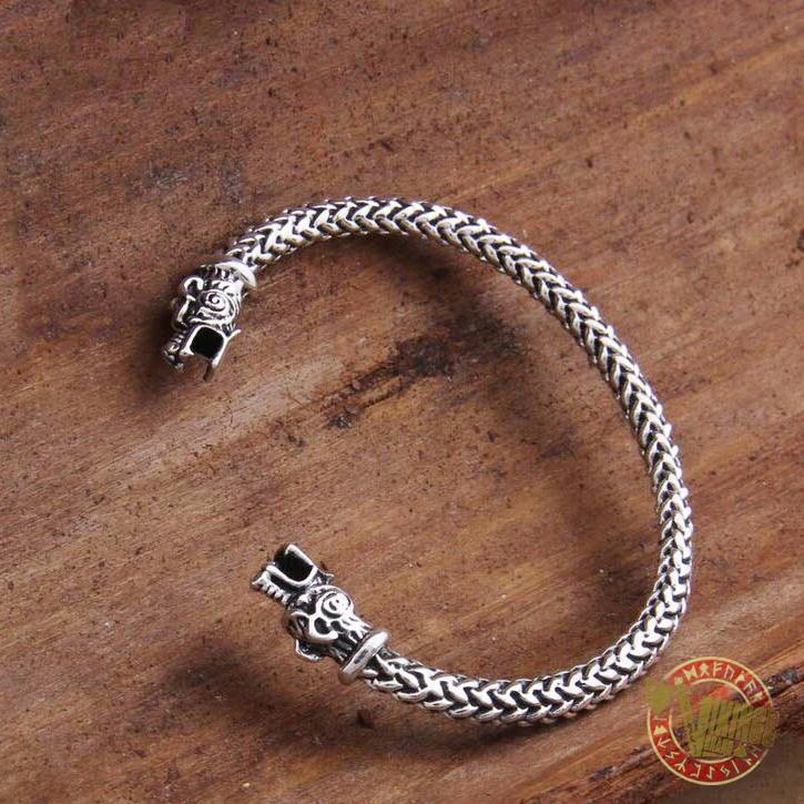 925 Sterling Silver Wolf Viking Bangle Bracelet Arm Ring - VikingsBrand