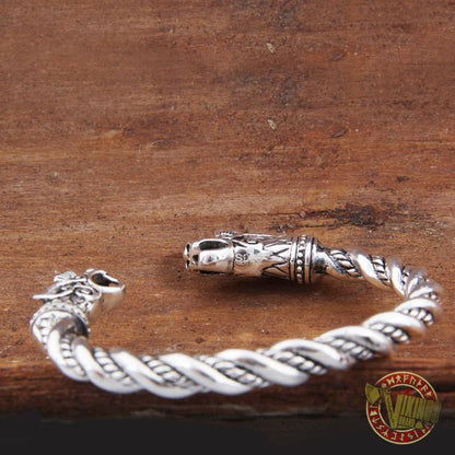 925 Sterling Silver Wolf Viking Twisted Wire Bangle Bracelet Arm Ring - VikingsBrand