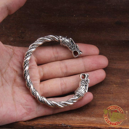 925 Sterling Silver Wolf Viking Twisted Wire Bangle Bracelet Arm Ring - VikingsBrand