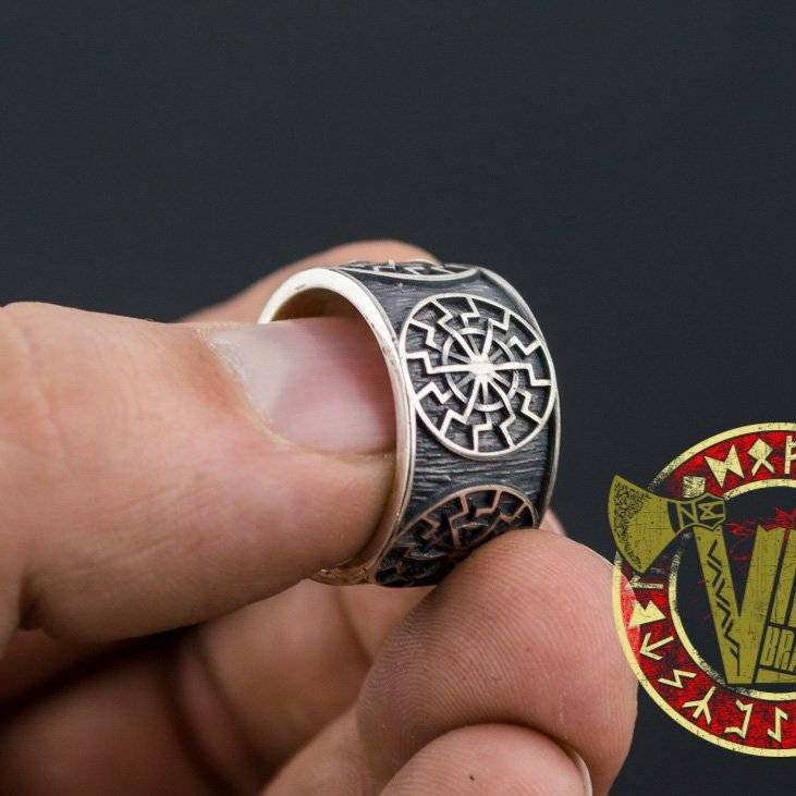 Sterling Silver Ring with Black Sun Symbol - VikingsBrand