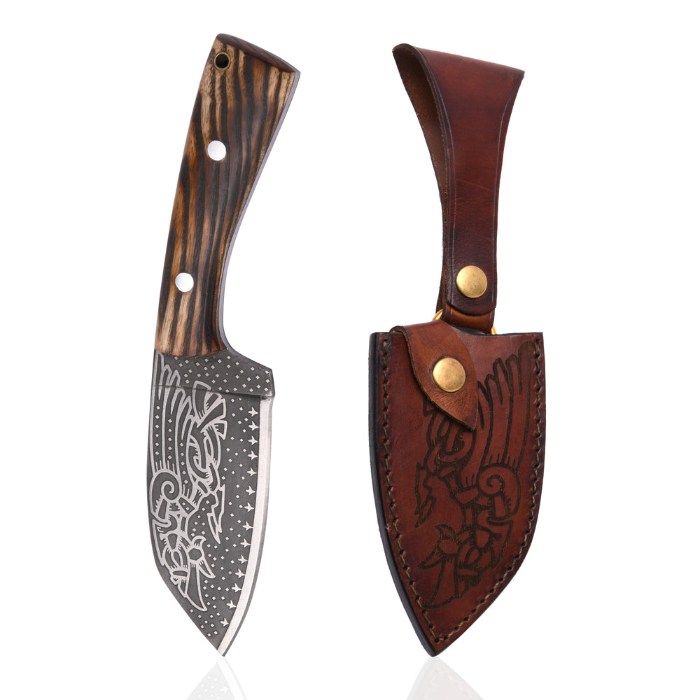Huginn & Muninn Viking seax knife with raven-etched carbon steel blade and ash handle, shown beside its raven-embossed leather sheath