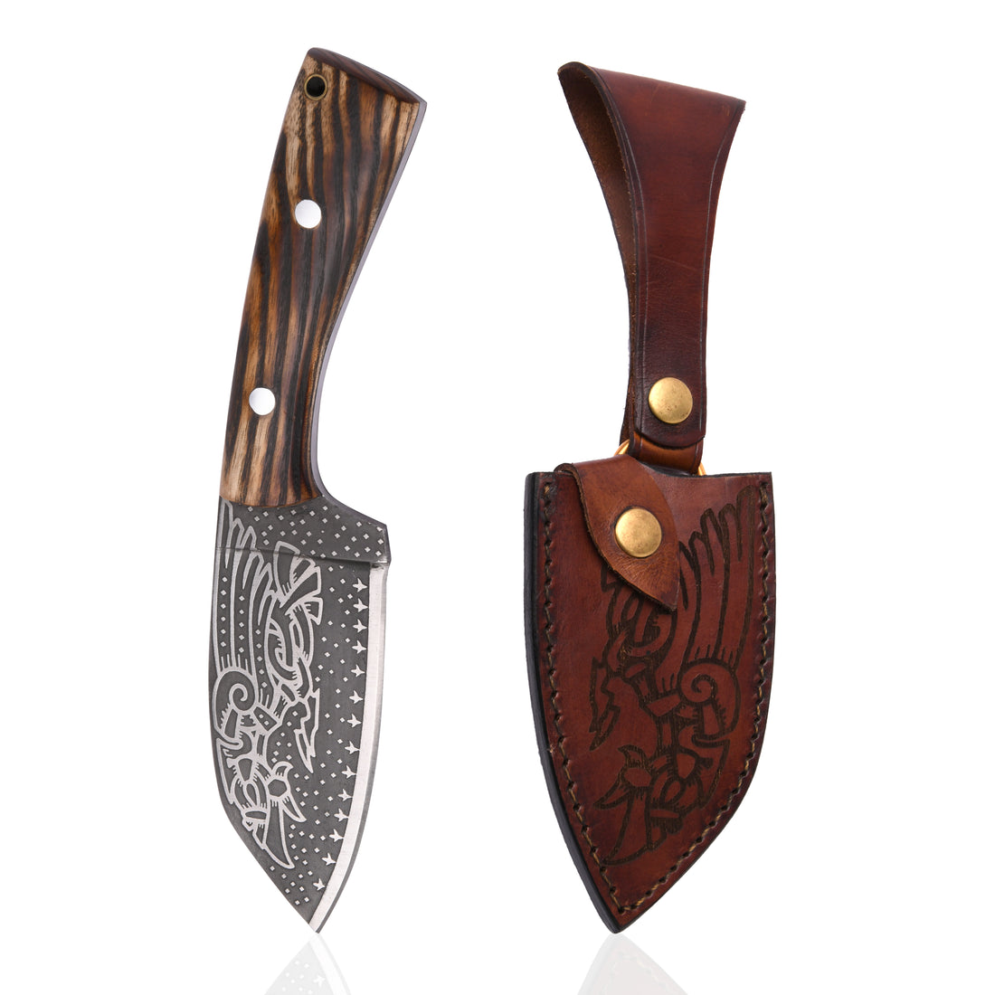 Huginn & Muninn Viking seax knife with raven-etched carbon steel blade and ash handle, shown beside its raven-embossed leather sheath