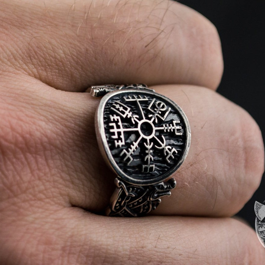 Norse Style Vegvisir Symbol 925 Sterling Silver Viking Ring - VikingsBrand