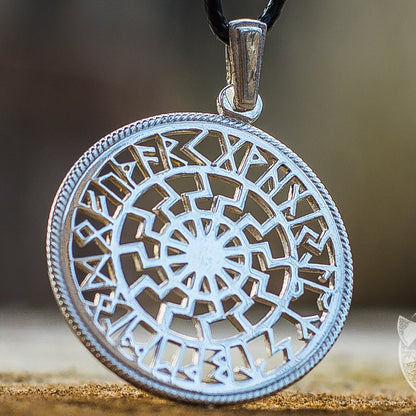Runic Calendar and Black Sun Symbol 925 Sterling Silver Pendant - VikingsBrand