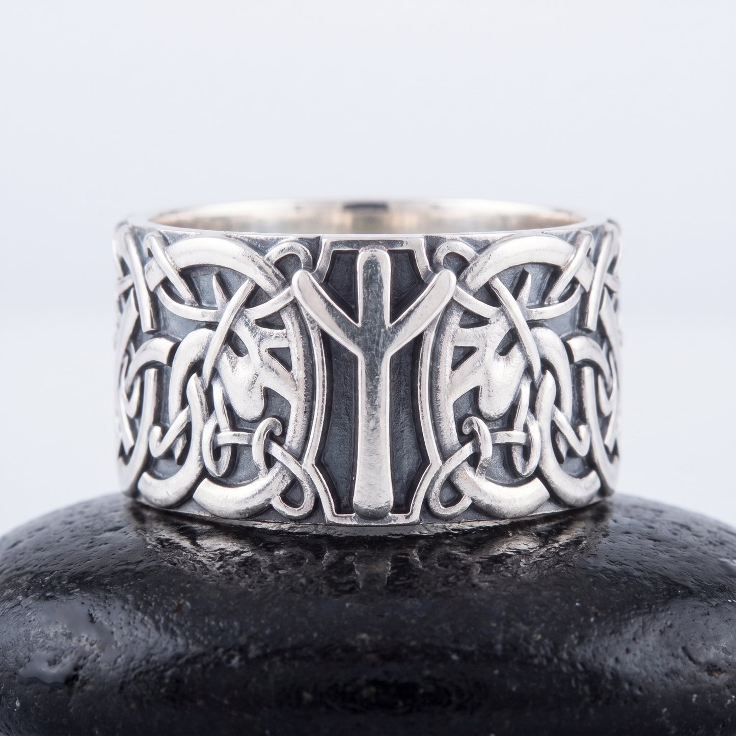 Sterling silver Algiz rune ring seen front on, openwork Norse knotwork