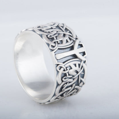 Algiz rune ring in profile, showing band height and the undercut openwork