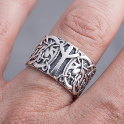 Algiz rune Viking ring worn on a finger, showing the width of the band