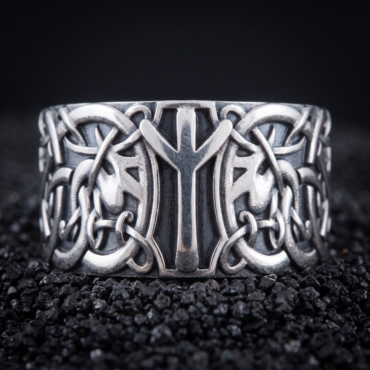 Algiz rune Viking ring in 925 sterling silver with Norse knotwork