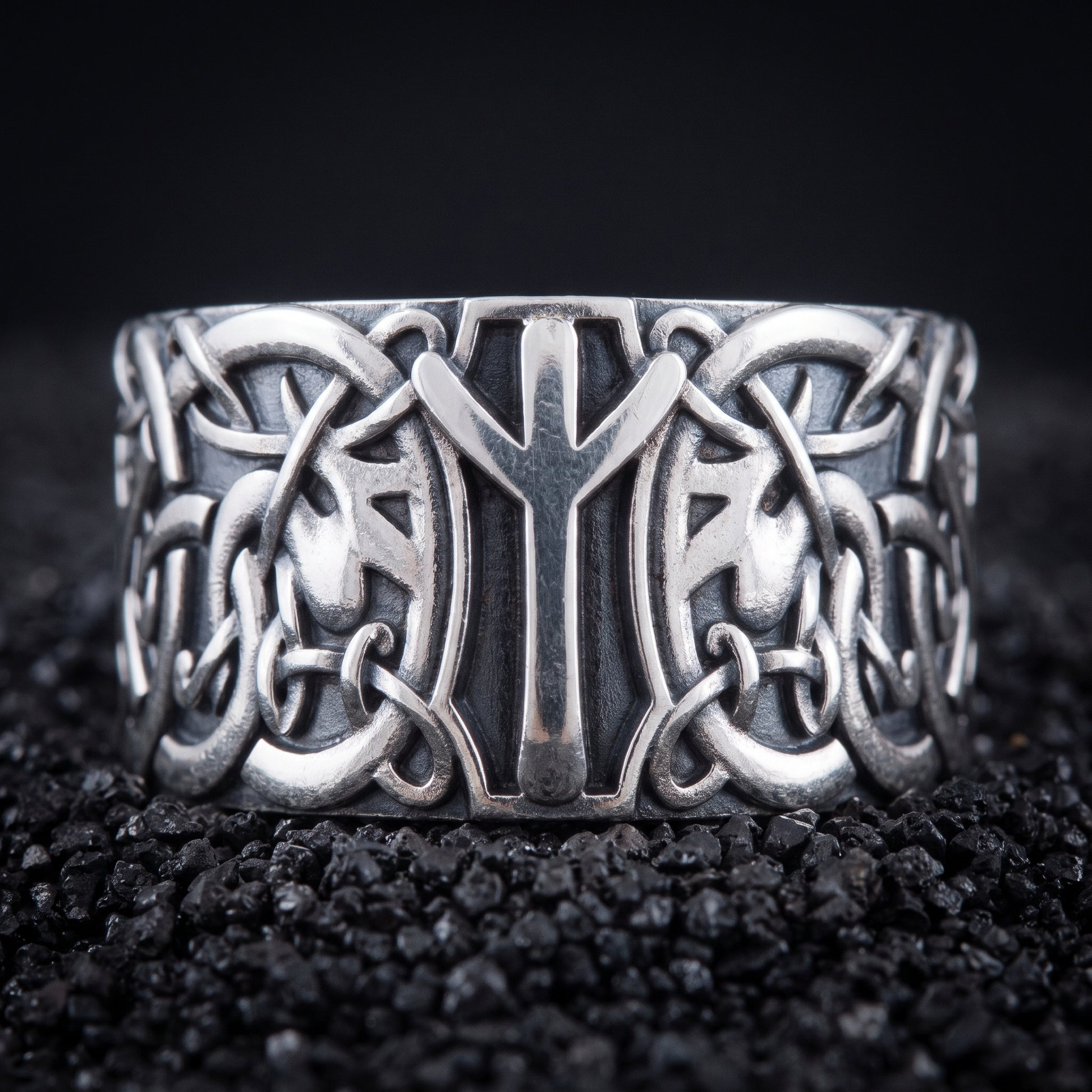 Algiz rune Viking ring in 925 sterling silver with Norse knotwork