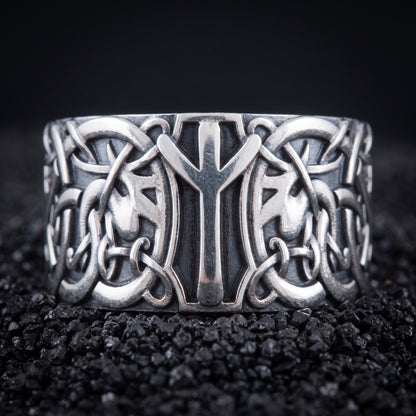 Algiz rune Viking ring in 925 sterling silver with Norse knotwork