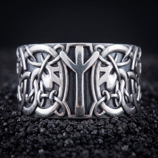 Algiz rune Viking ring in 925 sterling silver with Norse knotwork
