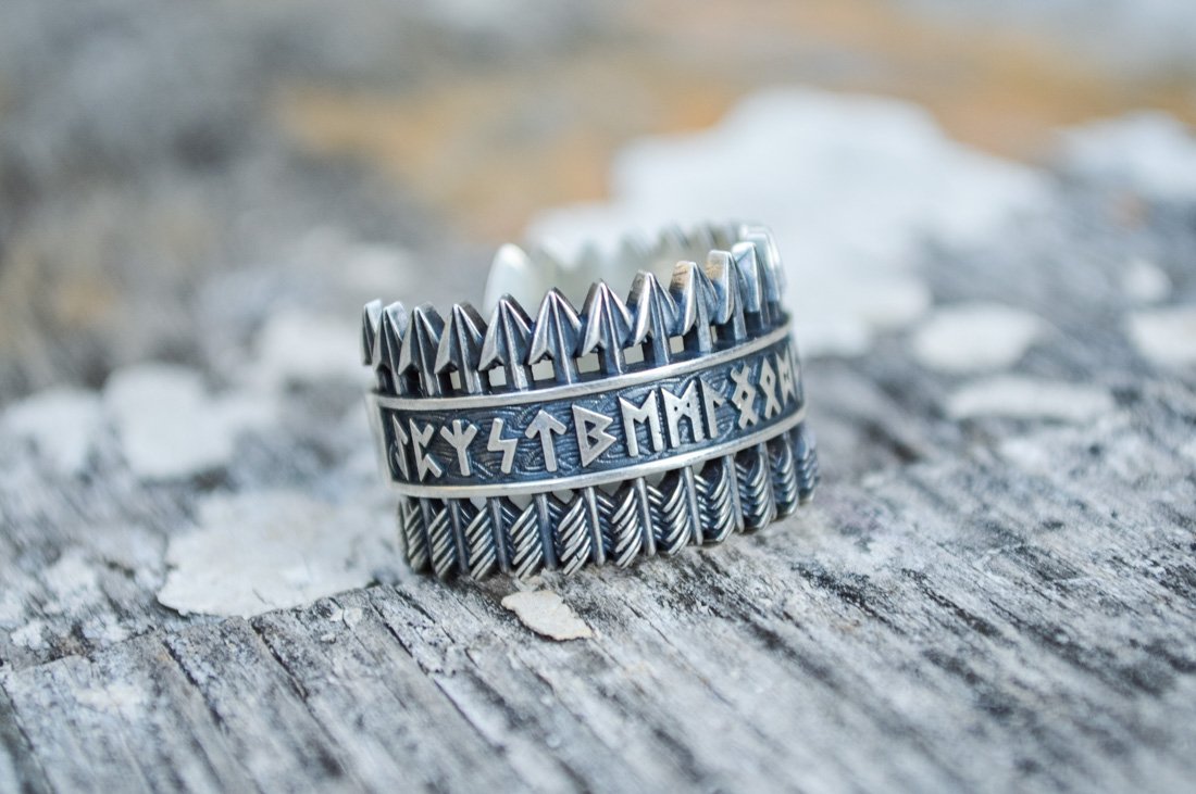 Arrows Viking Ring with Elder Futhark Runes Sterling Silver Viking Jewelry