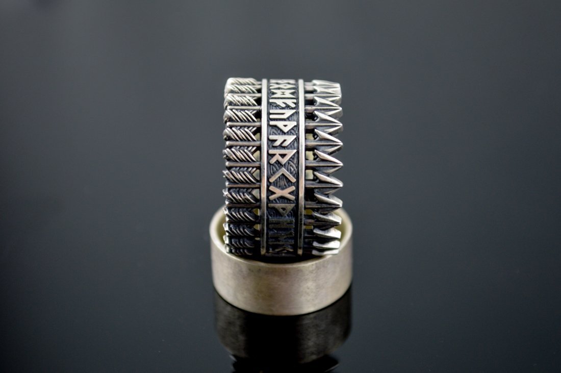 Arrows Viking Ring with Elder Futhark Runes Sterling Silver Viking Jewelry