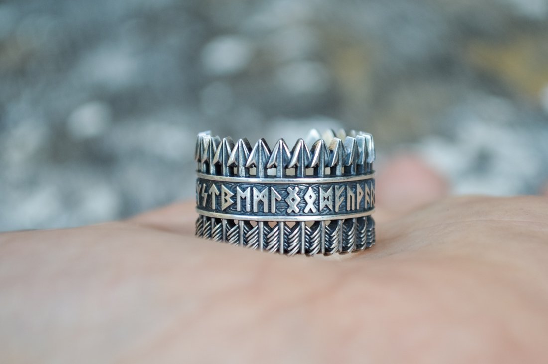 Arrows Viking Ring with Elder Futhark Runes Sterling Silver Viking Jewelry