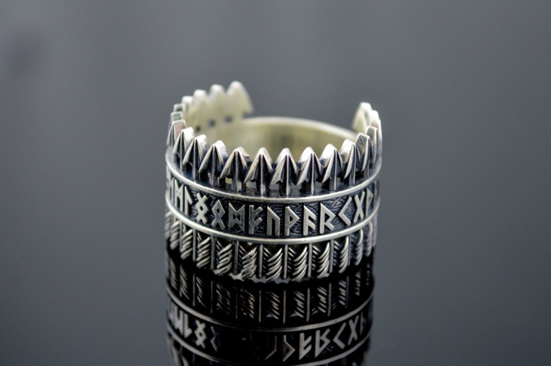 Arrows Viking Ring with Elder Futhark Runes Sterling Silver Viking Jewelry
