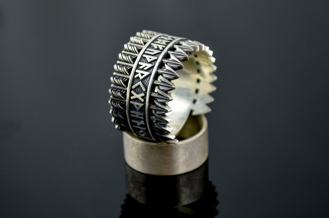 Arrows Viking Ring with Elder Futhark Runes Sterling Silver Viking Jewelry
