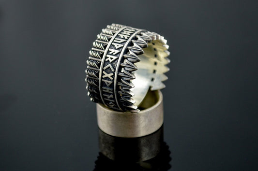 Arrows Viking Ring with Elder Futhark Runes Sterling Silver Viking Jewelry