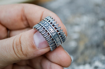 Arrows Viking Ring with Elder Futhark Runes Sterling Silver Viking Jewelry