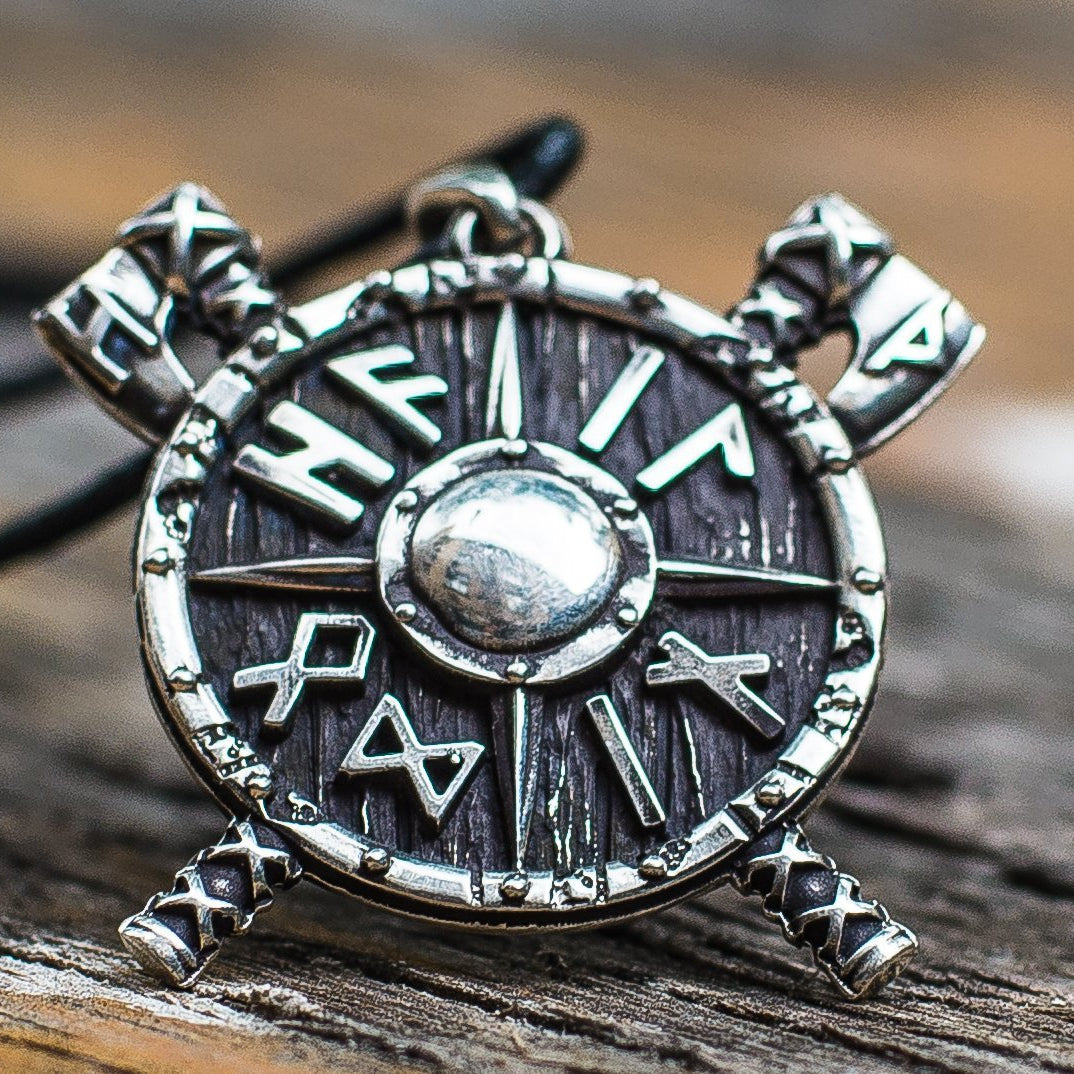 Axes and Runes Viking Shield 925 Sterling Silver Pendant - VikingsBrand