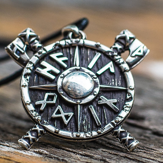Axes and Runes Viking Shield 925 Sterling Silver Pendant - VikingsBrand