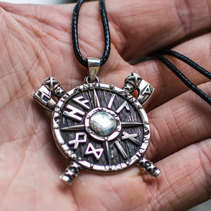 Axes and Runes Viking Shield 925 Sterling Silver Pendant - VikingsBrand