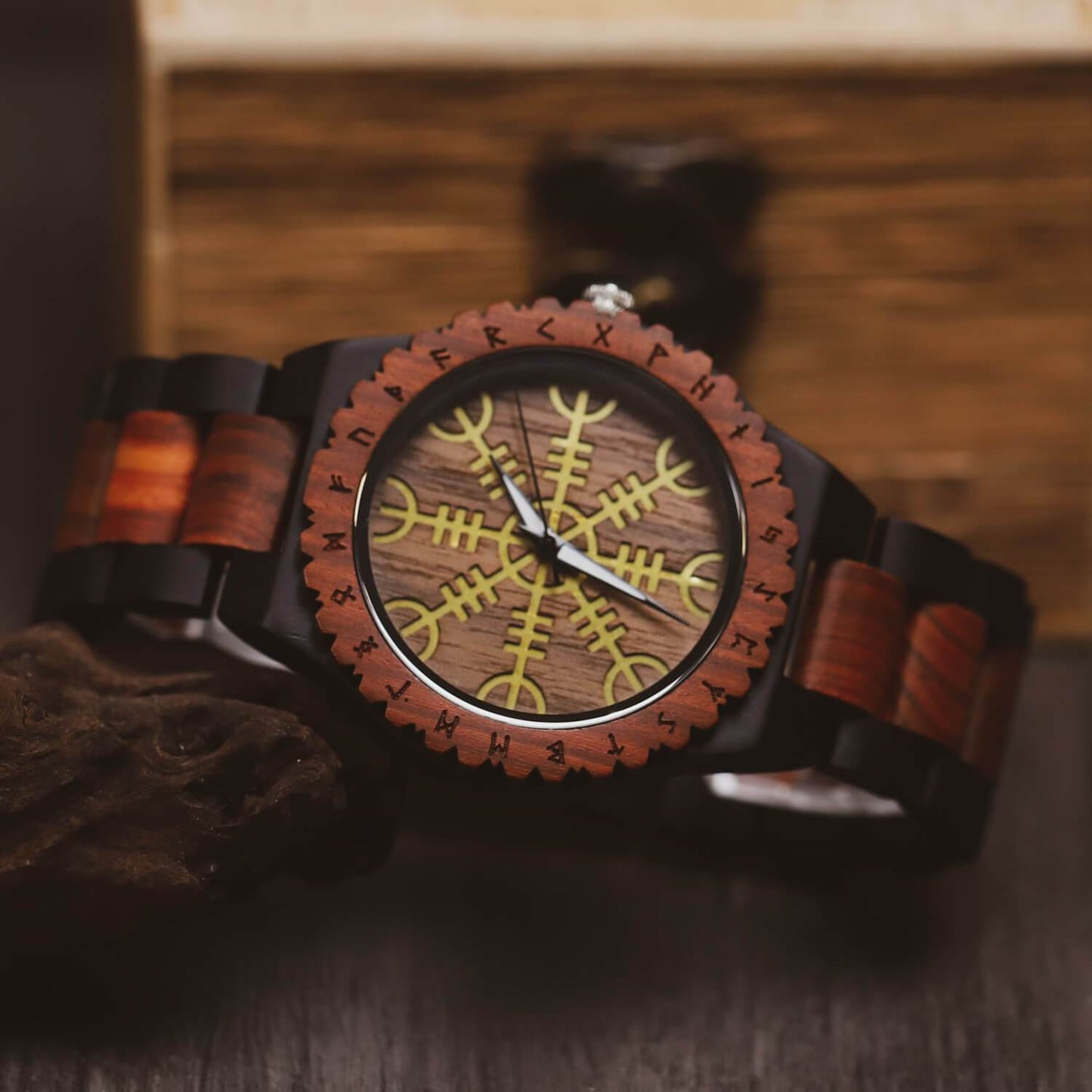 Balder Viking Wooden Watch with Carved Helm of Awe Viking Symbol & Custom Engravings