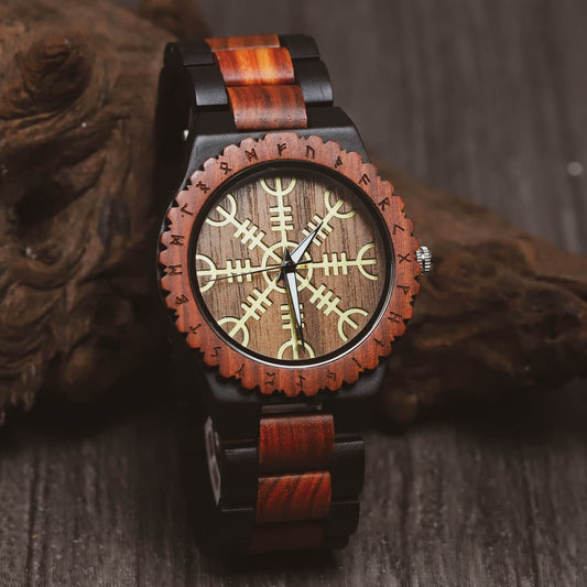 Balder Viking Wooden Watch with Carved Helm of Awe Viking Symbol & Custom Engravings