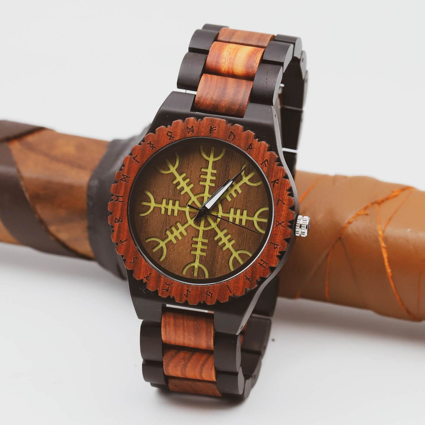 Balder Viking Wooden Watch with Carved Helm of Awe Viking Symbol & Custom Engravings