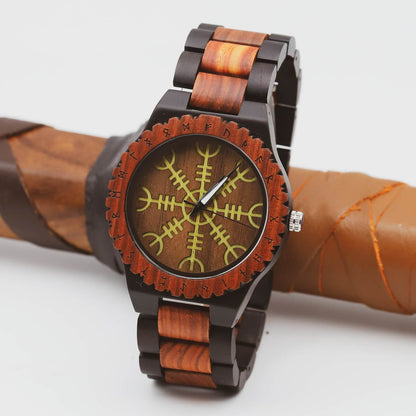 Balder Viking Wooden Watch with Carved Helm of Awe Viking Symbol & Custom Engravings