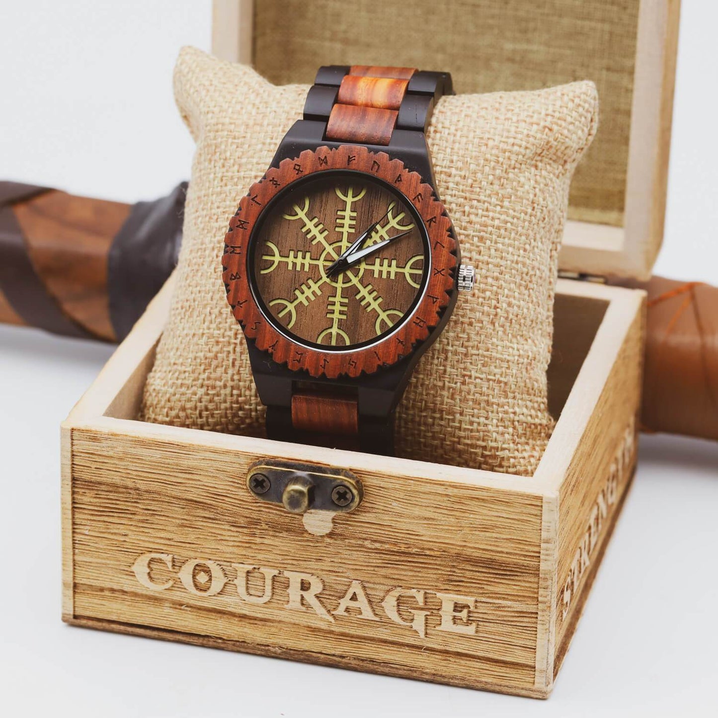 Balder Viking Wooden Watch with Carved Helm of Awe Viking Symbol & Custom Engravings
