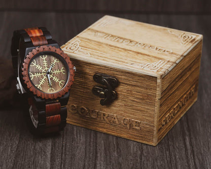 Balder Viking Wooden Watch with Carved Helm of Awe Viking Symbol & Custom Engravings