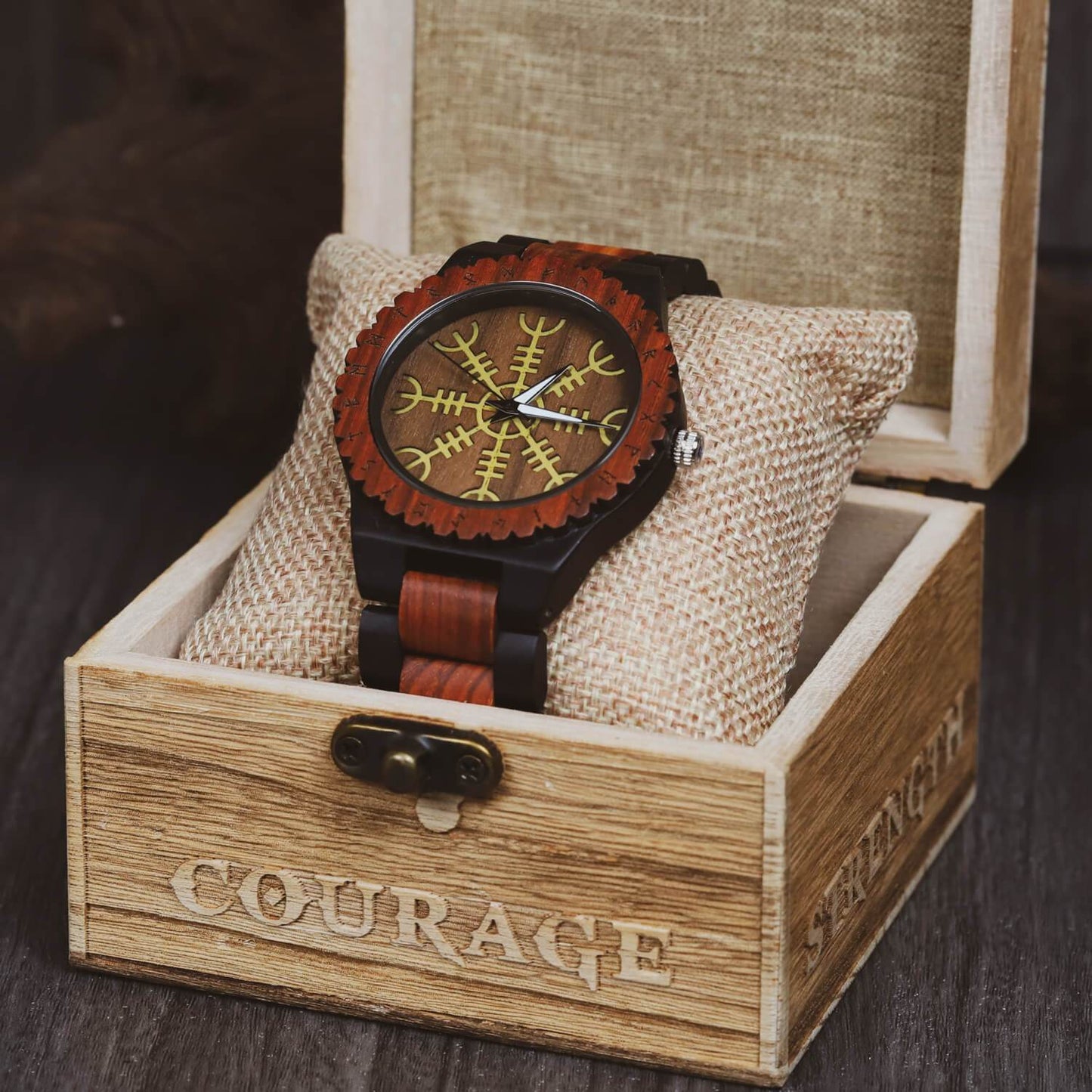 Balder Viking Wooden Watch with Carved Helm of Awe Viking Symbol & Custom Engravings